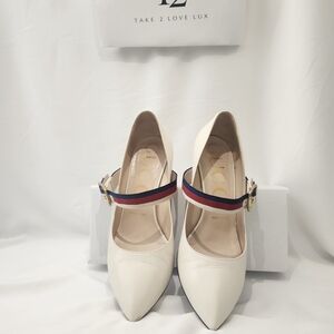 Gucci White Heels with Red and Blue Striped Accent